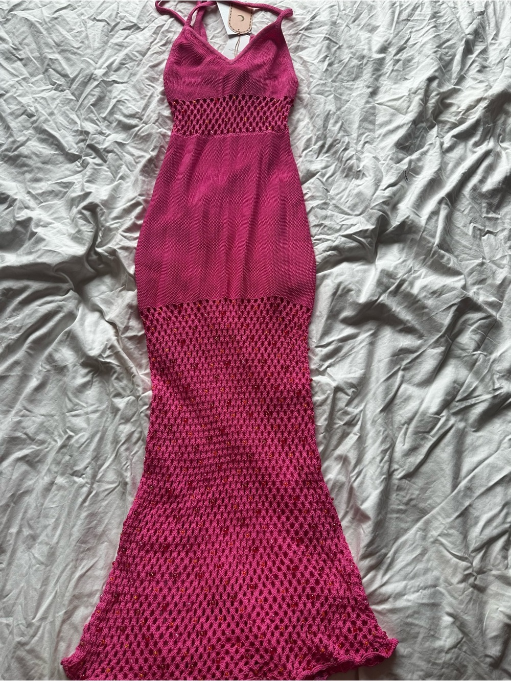 The Wolf Gang Perla Maxi Dress Candy Pink Beaded Crochet Mermaid Maxi Dress XS - Picture 2 of 15